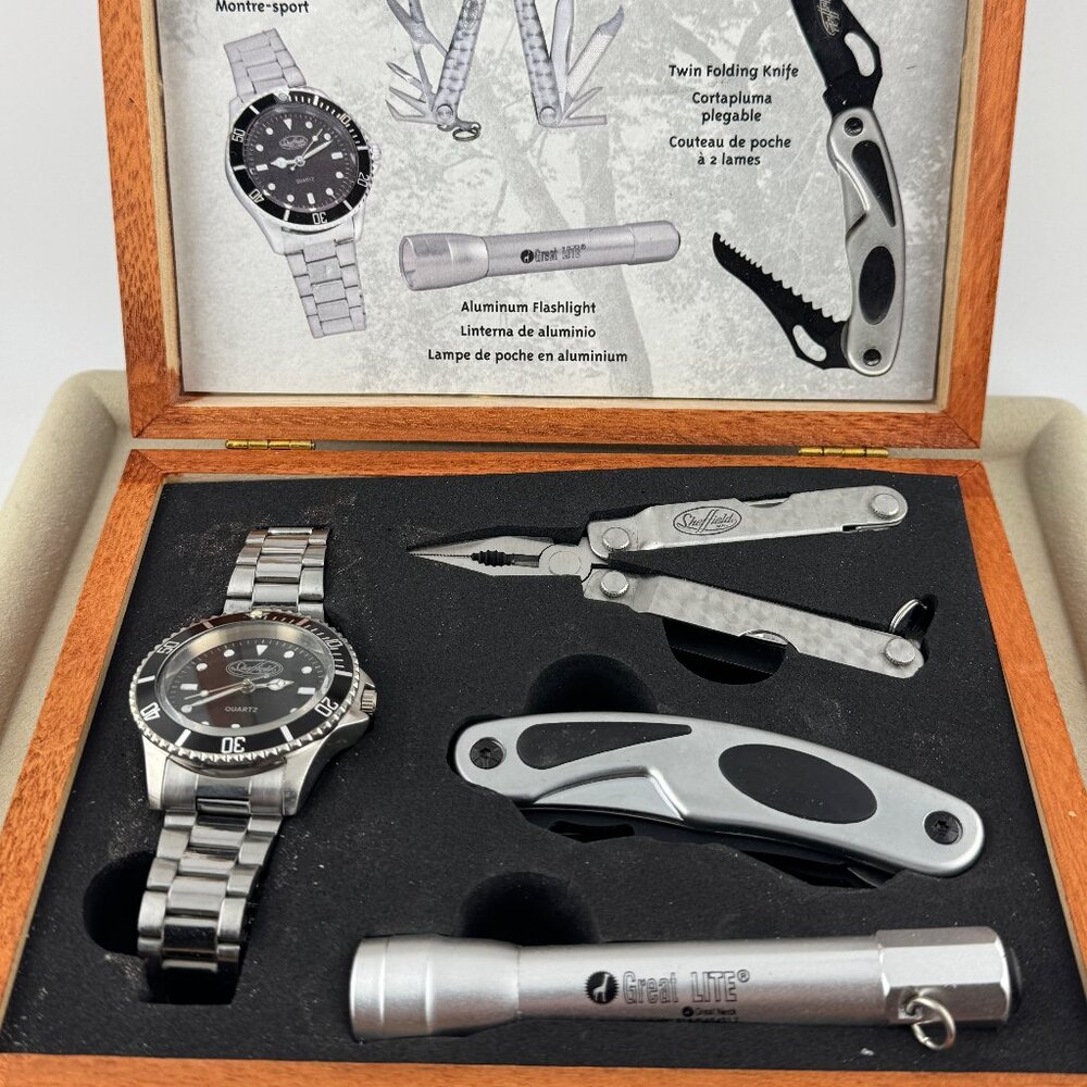 Sheffield Watch, Multi-Tool, Knife and Flashlight Set in Wood Box